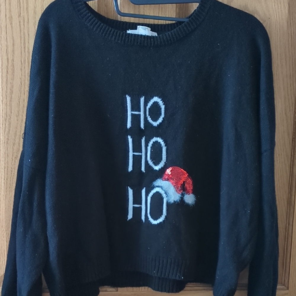 Black Holiday Christmas Hohoho With Sequin Santa Hat Sweater